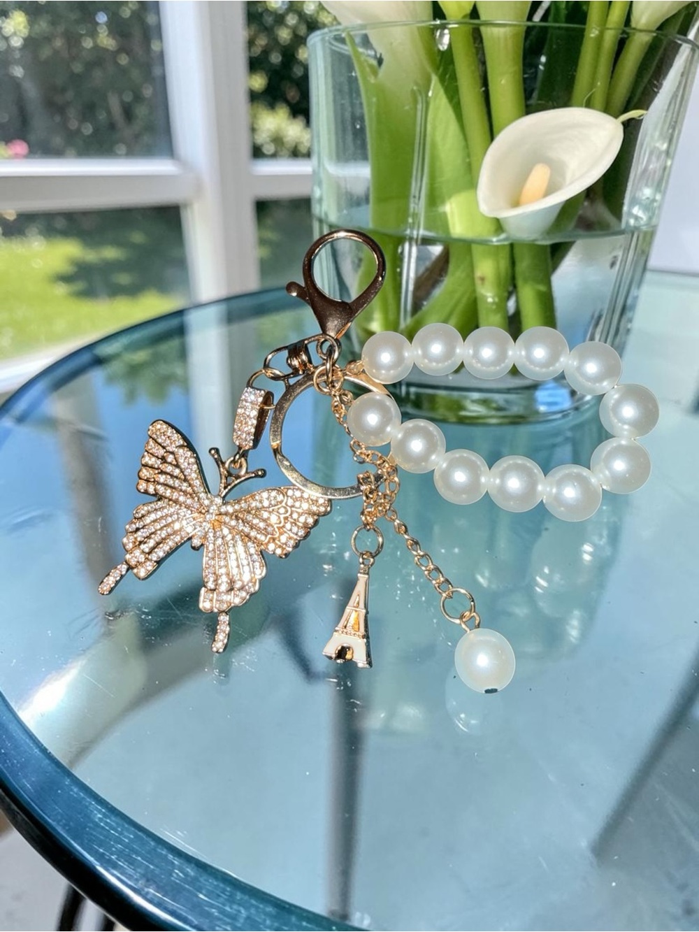 Paris Pearl Beaded Bag Charm with Rhinestone Butterfly & Eiffel Tower - Picture 2 of 3